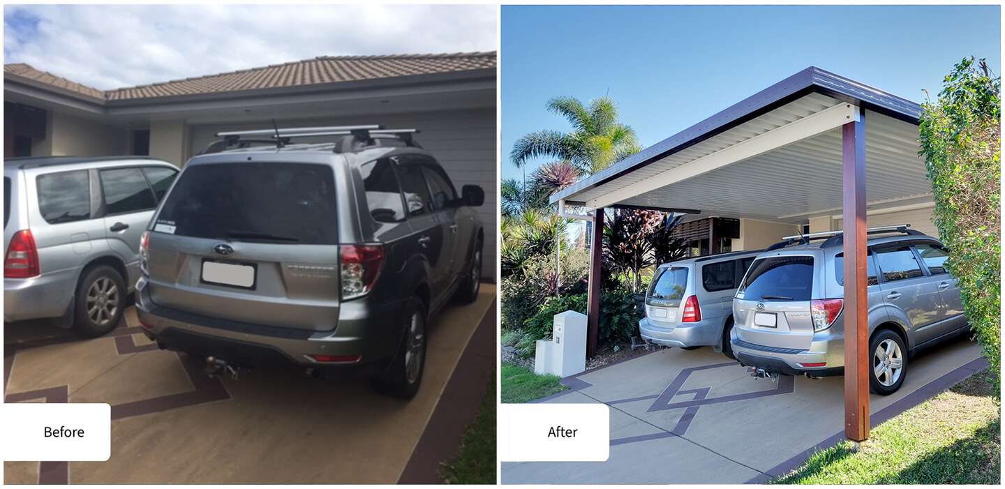 A before and after photo of an Altec carport.